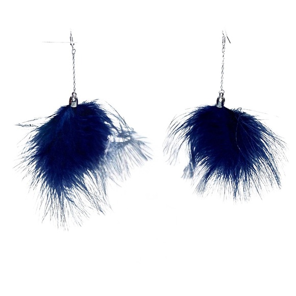 Navy Blue Feather Statement Earrings Drop Dangle Lightweight Fluffy Boho Trendy - Picture 3 of 6